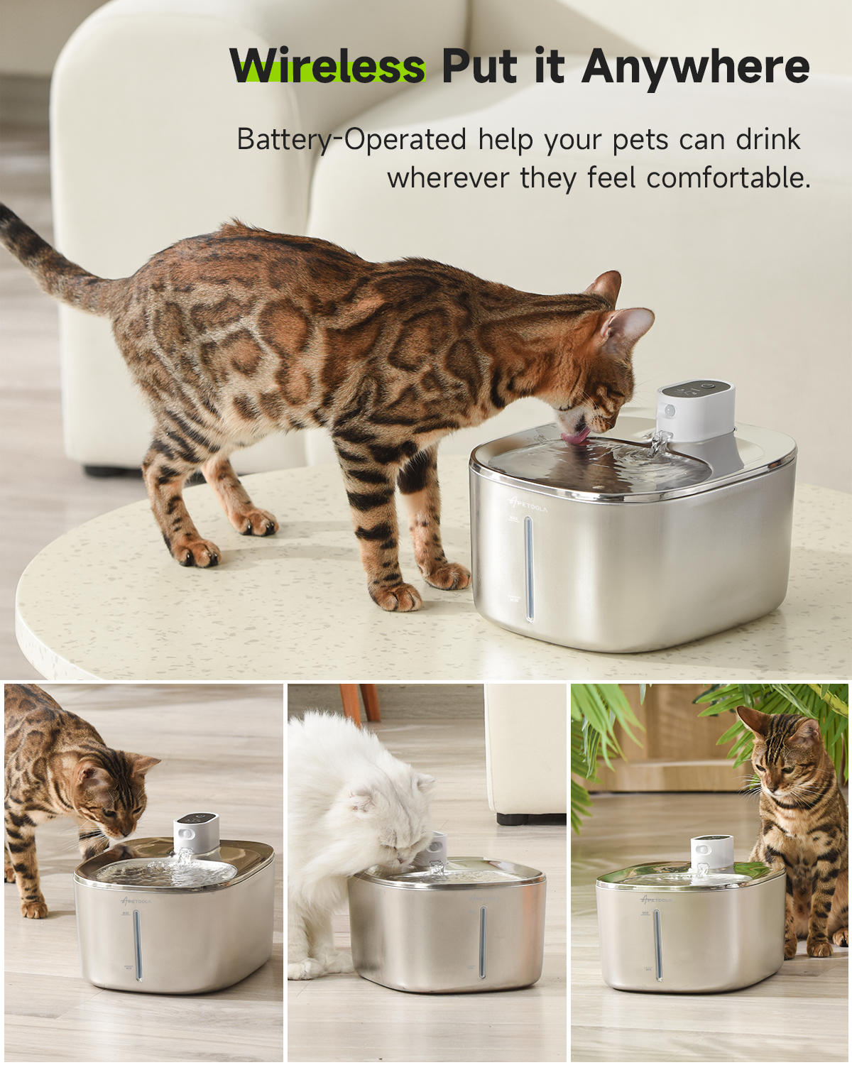 Fontaine sans fil PetHydrate pour animaux – 4L en acier inoxydable, facile à nettoyer et durable