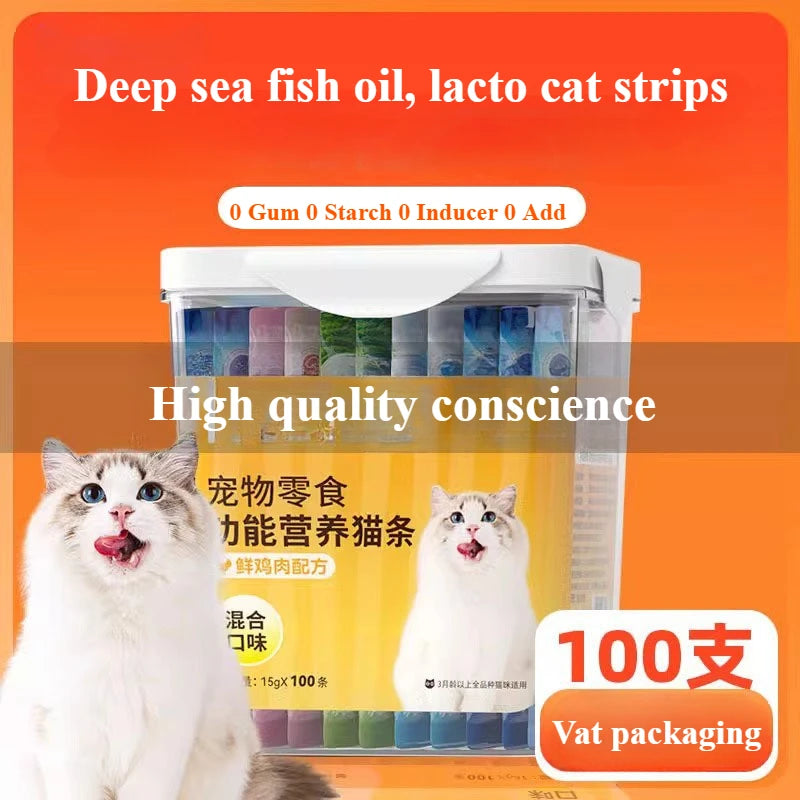 Cat strips 100 pcs cat snacks salmon adult cat kitten wet food supplement nutrition gain hair gills pet mix food