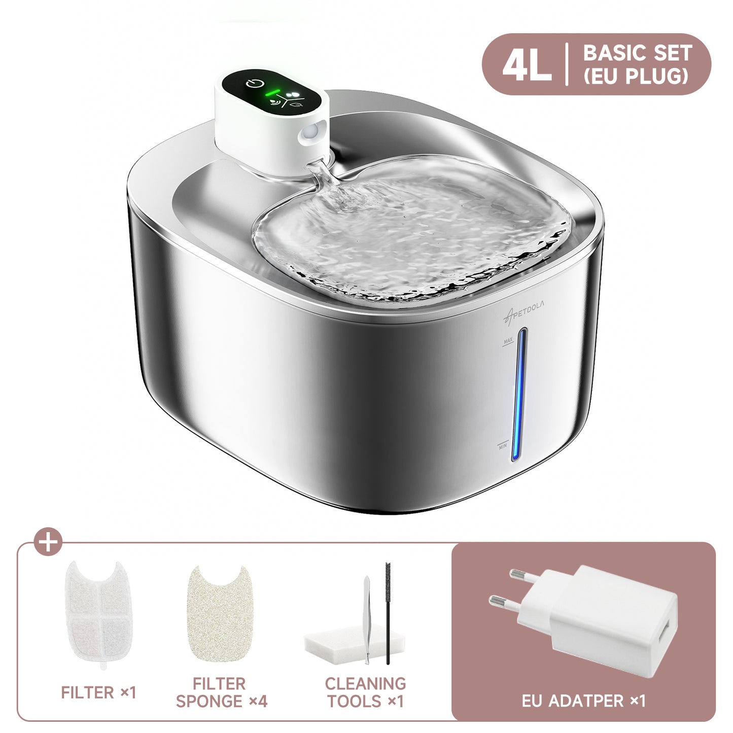 Fontaine sans fil PetHydrate pour animaux – 4L en acier inoxydable, facile à nettoyer et durable